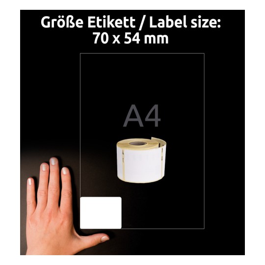 A képen egy kéz látható üres címkékből álló tekercs mellett, amelynek mérete 70 x 54 mm. A háttér fekete, és a szöveg a következő: 'Größe Etikett / Label size: 70 x 54 mm' és 'A4'.