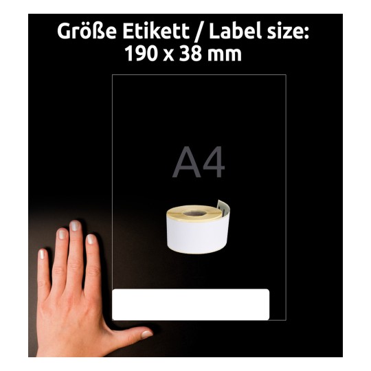 Képméret-összehasonlítás kézzel, cikkszám: AS0722470, egy ív tekercs-címke, méret: 38 x 190 mm, szín: fehér?