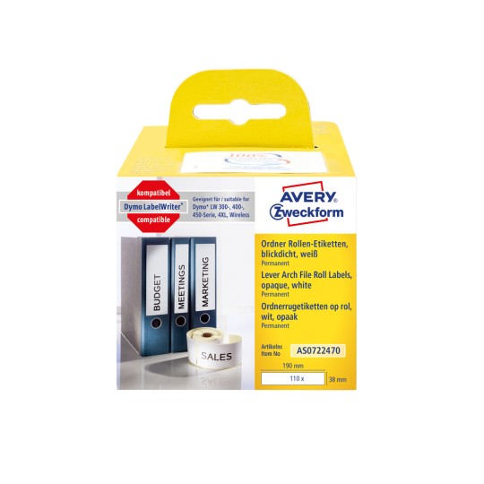 Csomagolás képe: Avery Zweckform, Cikk: AS0722470, Méret: 38 x 190 mm, Nyomtatási alkalmasság: hőtranszferes nyomtató, Dymo LabelWriter* 300-sorozat, 400-sorozat, 450-sorozat, 4XL, Wireless, Tartalom: 110 címke / 1 tekercs, 110 címke/tekercs?