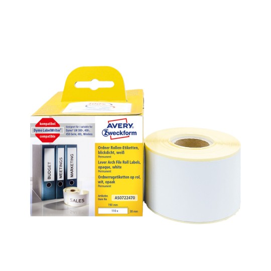 Csomagképek címkehengerrel: Avery Zweckform hengeres címkék, Cikk: AS0722470, Méret: 38 x 190 mm, Nyomtatási alkalmasság: Közvetlen hőnyomtató, Dymo LabelWriter* 300-sorozat, 400-sorozat, 450-sorozat, 4XL, Wireless, Tartalom: 110 címke / 1 henger, 110 címke/henger?
