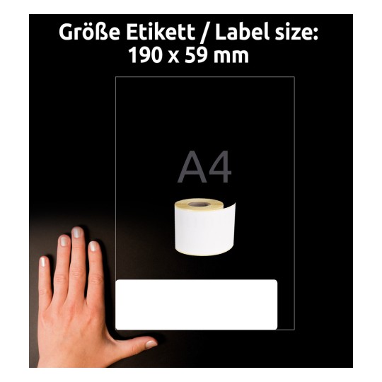 Méretösszehasonlítás kézzel, Cikkszám: AS0722480, egy ív tekercsetiketta, Méret: 59 x 190 mm, Szín: Fehér?