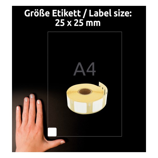 A kép egy kéz látható egy címkehenger mellett fekete háttérrel, a szöveg pedig a 25 x 25 mm-es címkeméretet jelzi.