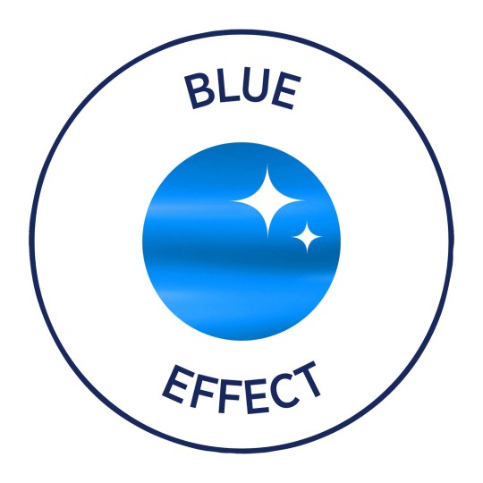 A kép egy fénylő hatású kék kört ábrázol, amelyet fehér szegély vesz körül, és a kör fölött és alatt sötétkék betűtípussal a 'BLUE EFFECT' szavak olvashatók.