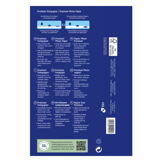 A kép prémium fényképpapír csomagolását mutatja be, részletezve annak jellemzőit több nyelven, beleértve az azonnali nyomtatás lehetőségét, a csúcstechnológiás bevonatot a nagyfelbontású nyomatokhoz, és az ügyfélszolgálati támogatást.