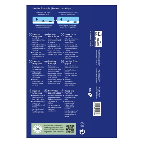 A kép prémium fotópapír csomagolását mutatja, amely több nyelven tartalmaz információt a papír minőségéről, a kenődésmentességről és a legújabb technológiájú bevonatról, amely akár 9,600 dpi felbontású nyomatokat is lehetővé tesz.