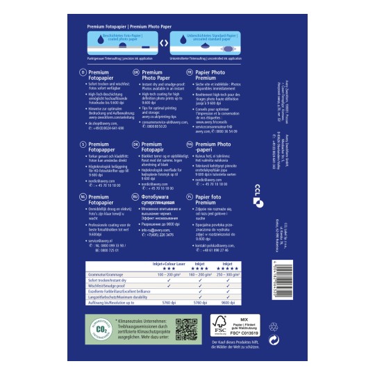Az ábra egy prémium fotópapír csomagolása, amely részletezi jellemzőit, specifikációit, és különböző nyelveken található fordításokat.