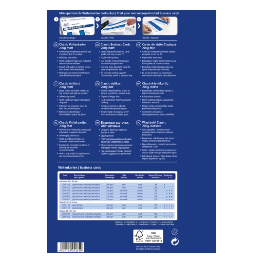 A kép egy útmutatót mutat a mikroperforált névjegykártyák nyomtatásához. Több nyelven tartalmaz információt a kártyák specifikációiról, jellemzőiről és nyomtatási lehetőségeiről.