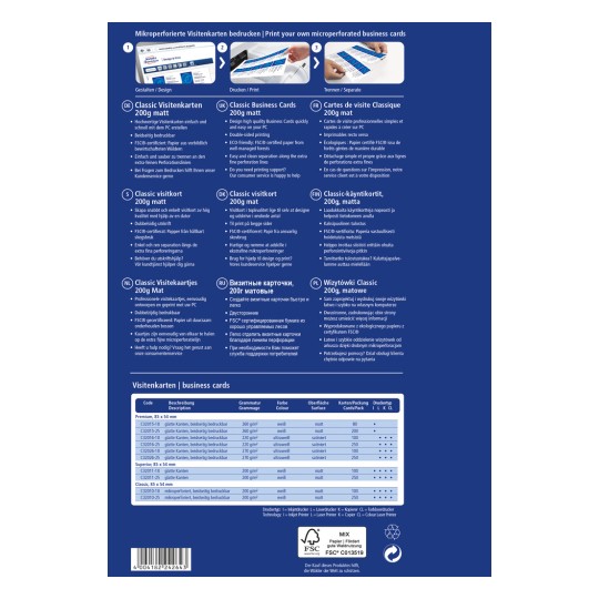 A kép információkat tartalmaz a mikroperforált névjegykártyákról, beleértve a nyomtatási lehetőségeket, a specifikációkat több nyelven, valamint a kártyatípusok és tulajdonságok leírását.