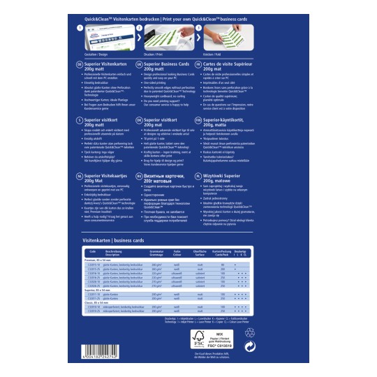 A kép információkat tartalmaz a Quick&Clean névjegykártyákról, beleértve a specifikációkat, a nyomtatási részleteket, és különböző nyelvi leírásokat a termék jellemzőiről és előnyeiről.