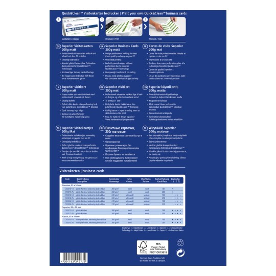 A kép a Quick&Clean névjegykártyák termékismertetője, amely a nyomtatási lehetőségekről, anyagokról, méretekről és különböző nyelvekről szóló részleteket tartalmaz. Kiemeli a termék specifikációit, és útmutatást ad a kártyák otthoni tervezéséhez és nyomtatásához.