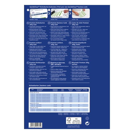 A kép információt tartalmaz a Quick&Clean névjegykártyákról, részletezve azok jellemzőit, specifikációit és különböző nyelvi fordításait. Kiemeli a nyomtatási lehetőségeket, a felhasznált anyagokat, és összehasonlítást nyújt a különböző névjegykártyatípusok és azok tulajdonságai között.