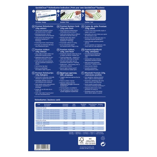 A kép egy részletes termékinformációs lapot tartalmaz a Quick&Clean névjegykártyákról, amely meghatározza a különböző típusokat, súlyokat, felületeket és elérhető nyomtatási lehetőségeket. Több nyelvet tartalmaz és kiemeli a termékek főbb jellemzőit.