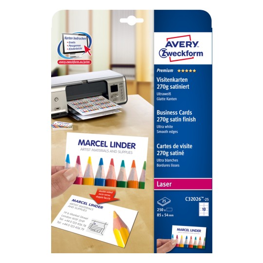 Csomagolás képe: Avery Zweckform Laser, Cikkszám: C32026-25, Méret: 85 x 54 mm, Nyomtatási alkalmasság: Színes lézer, Fekete-fehér lézer, Másoló, Tartalom: 250 kártya / 25 lap, 10 kártya/lap
