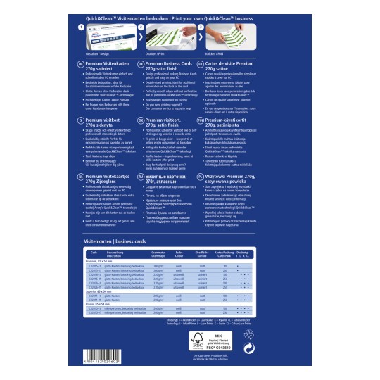 A kép a Quick&Clean névjegykártyák termékinformációs lapját tartalmazza. Részletezi a prémium névjegykártyák különböző specifikációit, formátumait és jellemzőit, amelyek nyomtatásra elérhetők, beleértve az anyagokat és méreteket több nyelven is.