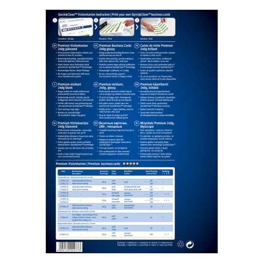 A kép egy promóciós szórólapot mutat a Quick&Clean névjegykártyákhoz, amely különféle típusokat és specifikációkat részletez, beleértve a fényes bevonatokat, a papír súlyát, és a nyomtatási lehetőségeket több nyelven.