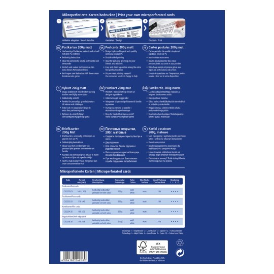 Egy tájékoztató grafika mikroperforált kártyák nyomtatásáról, több nyelven tartalmazva utasításokat és részleteket a képeslap-specifikációkról, beleértve a méreteket, súlyt és nyomtatási tanácsokat.