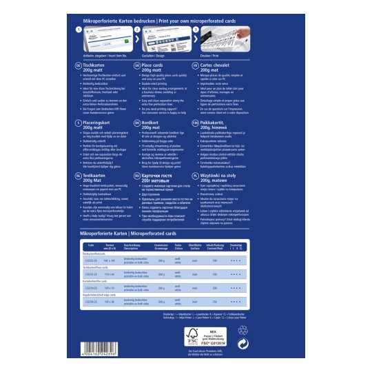 A kép egy többnyelvű útmutató a mikroperforált kártyák nyomtatásához, amely részletezi a termékeket, mint a helyszínkártyák, polcszéli kártyák és asztali kártyák, beleértve a méret-, súly- és nyomtatási utasításokat.