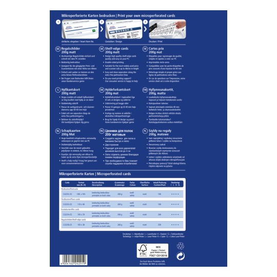 Egy kép, amely információkat jelenít meg a nyomtatáshoz használt mikrokivágott kártyákról, és részletezi a különböző típusokat, specifikációkat és utasításokat több nyelven.