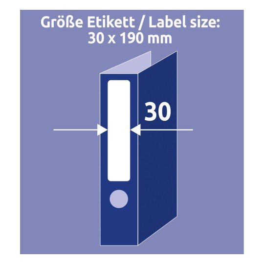 A képen egy címke méret diagram látható, amely egy 30 x 190 mm-es méreteket mutat a mappához. A címke a mappa gerincén helyezkedik el.