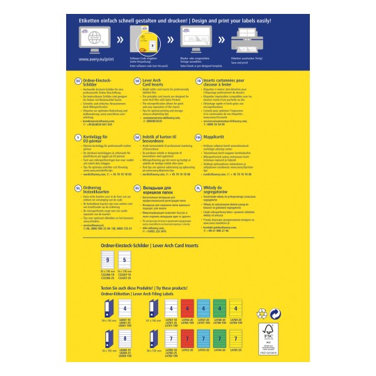 A kép egy promóciós áttekintést jelenít meg az Avery kartonból készült iratrendező címkékhez, különböző méretekkel és több nyelven elérhető információkkal. Hangsúlyozza a professzionális címkék tervezési és nyomtatási útmutatóját, valamint az ügyfélszolgálat elérhetőségeit.