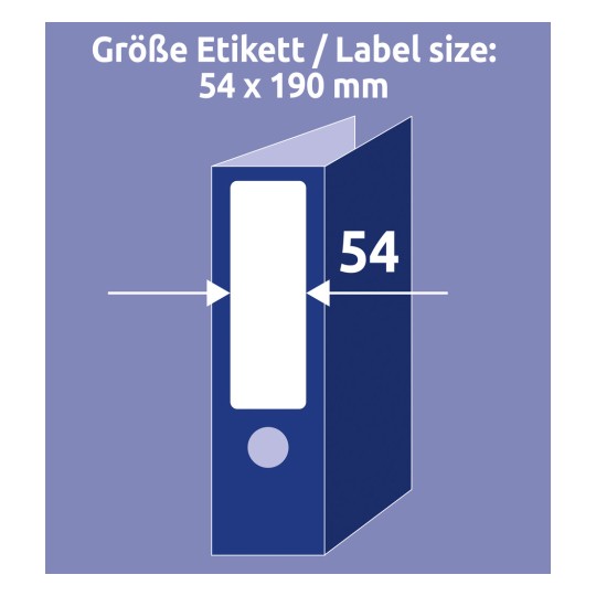 A kép egy címke méret specifikációját mutatja, mely egy tárgy, valószínűleg egy dosszié méreteit jelzi: 54 x 190 mm. Nyilak jelzik a címke szélességét, valamint az elem vizuális megjelenítését láthatjuk a feltüntetett méretekkel.