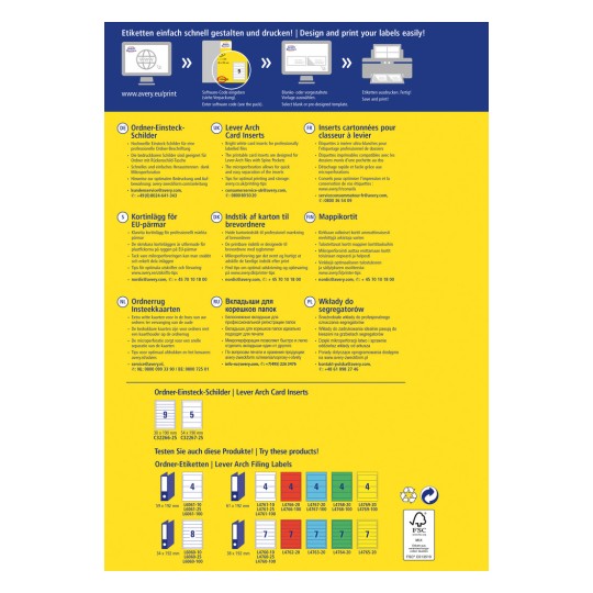 Ez a kép egy többnyelvű szórólapot vagy brosúrát ábrázol az Avery termékeiről, kifejezetten a széles karimájú irattartó betétekről és a dokumentumok rendszerezésével kapcsolatos eszközökről. Tartalmazza az utasításokat, tippeket az optimális nyomtatáshoz, valamint különféle termékábrákat.
