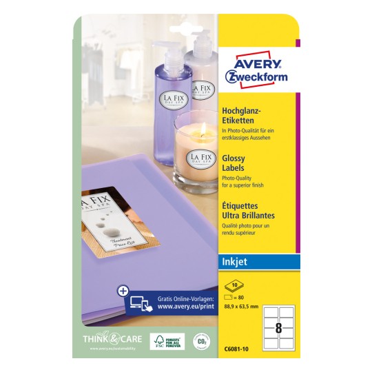 Csomagolási kép: Avery Zweckform magasfényű címkék, Cikkszám: C6081-10, Méret: 88,9 x 63,5 mm, Nyomtatási alkalmasság: Tintasugaras, Tartalom: 80 címke / 10 ív, 8 címke/ív?