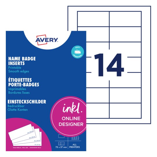 Avery névkitűző-betétek csomagja címkelappal és nagy 14-es számmal?
