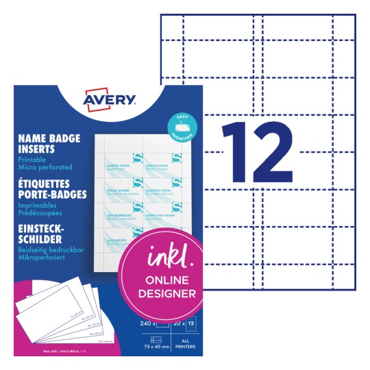 Avery névkitűző-betétek csomagolása, amely 12 mikroperforált névkitűzőcímkét mutat?