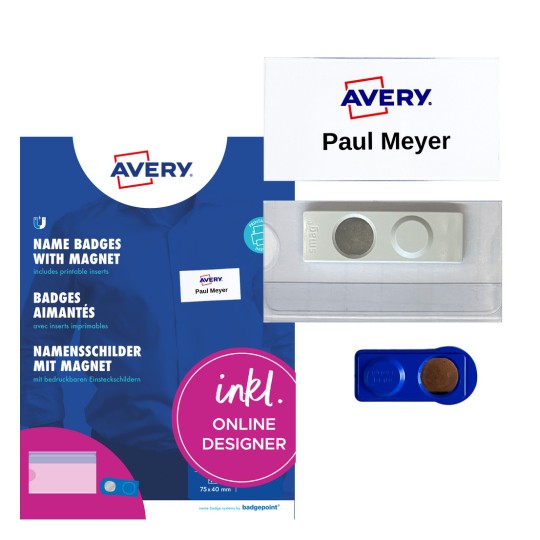 Avery névkitűző csomag mágneses kitűzőkkel, betétekkel és kék csomagolással?