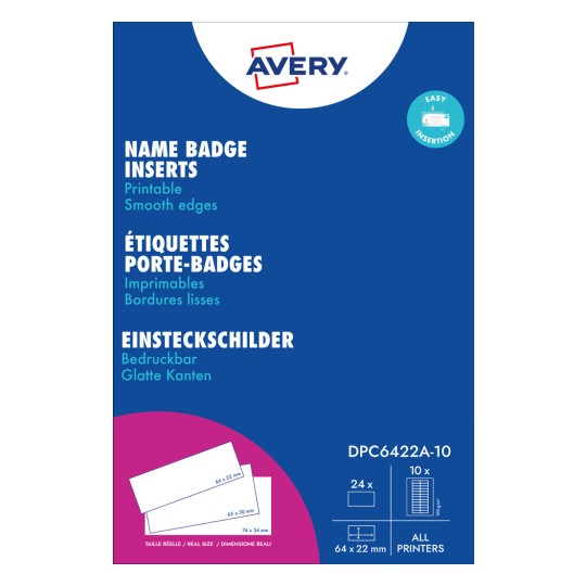 Csomagkép: Avery Zweckform, Cikk: DPC6422A-10, Formátum: 22 x 64 mm, Nyomtatási alkalmasság: Lézer fekete/fehér, színes lézer, tintasugaras, lézer, fénymásoló, Tartalom: 240 betétcímke / 10 lap / ív.