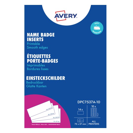Avery névkitűző-betétek csomagolása kék háttérrel és termékadatokkal?