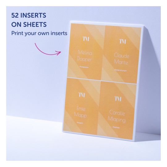 The image features a display of printed inserts. Each insert has a name and title in a clean, modern design with an orange background. Four inserts are visible: Mélina Dopper (Photographe), Claude Marite (Chargé de projet), Emie Mapp (Designer), and Coralie Miaping (Graphiste). The top includes the text '52 INSERTS ON SHEETS' and 'Print your own inserts.'