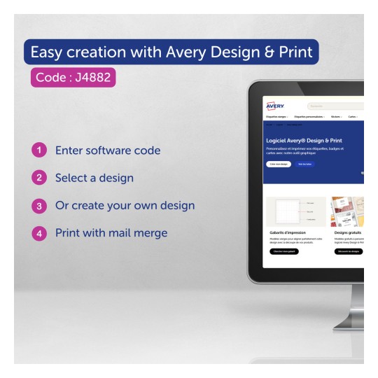A kép egy Avery Design & Print promóciós grafikát mutat. Ez tartalmazza a szoftver használati útmutatóját, amely magában foglalja egy kód beírását, egy terv kiválasztását, egy egyedi terv létrehozását és nyomtatást körlevél egyesítéssel.
