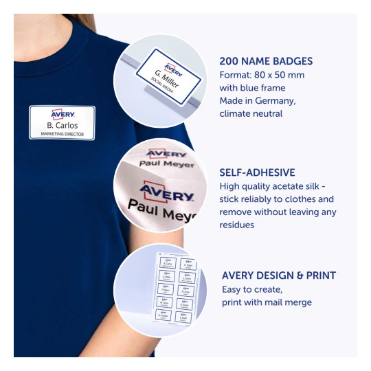 A képen egy kék ing látható, amelyen egy névtábla található 'B. Carlos, Marketingigazgató' felirattal. Tartalmazza az öntapadós Avery névtáblák részleteit is, amelyek 200 darabos csomagban kaphatók, méreteik és használati utasításuk is szerepel benne.