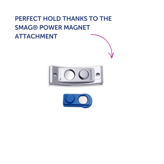 A kép két mágneses rögzítőt mutat egy eszközhöz. Az egyik nagyobb és ezüst színű, míg a kisebb kék. A szöveg az SMAG® Power Magnet rögzítőt hirdeti a tökéletes tartás érdekében.