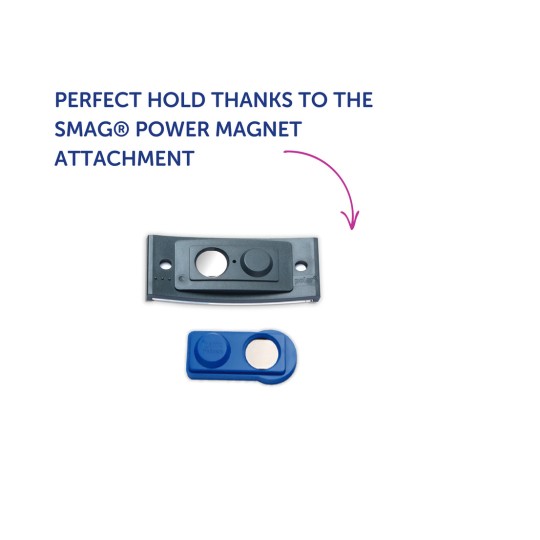A kép két műanyag komponenst mutat be: egy nagyobb fekete rögzítést és egy kisebb kéket, amely SMAG® Power Magnet Attachment néven van megjelölve. A szöveg kiemeli, hogy tökéletes tartást biztosít.
