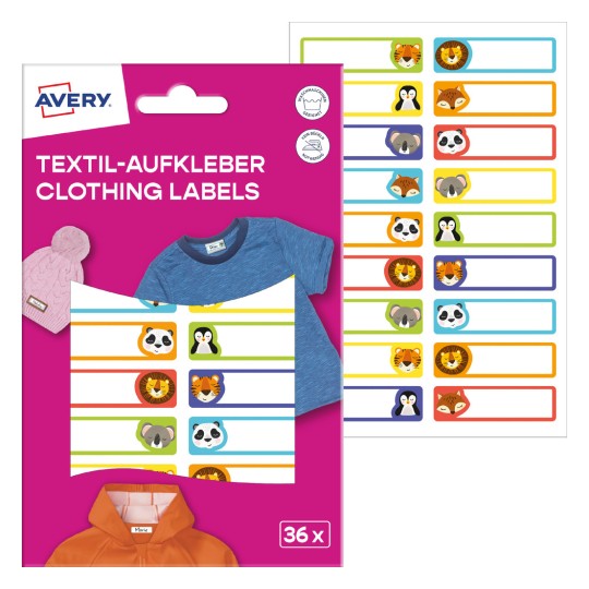 Csomagkép címkefüzettel: Avery textilcímkék, cikkszám: ETVET36A, méret: 13 x 45 mm, tartalom: 36 címke / 2 ív, 18 címke/ív?