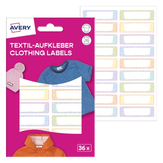 Csomagolási kép címkék lapjával: Avery Textilcímkék, Cikkszám: ETVET36M, Méret: 13 x 45 mm, Tartalom: 36 címke / 2 lap, 18 címke/lap.