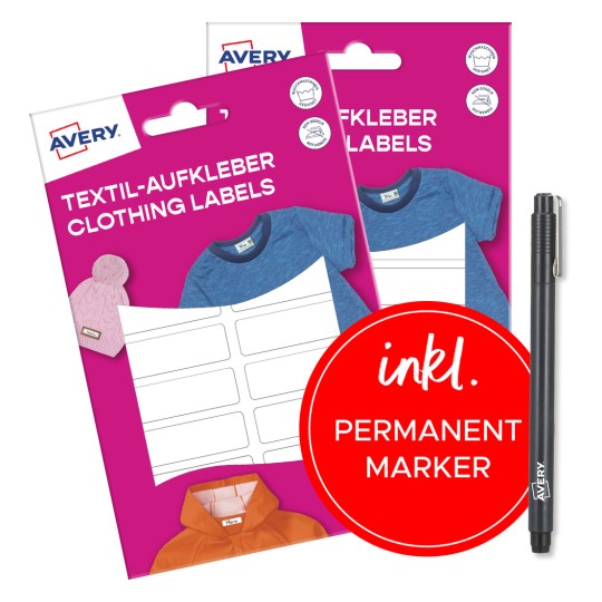 Csomagolás képe tartós filctollal: Avery, textilcímkék, cikkszám: ETVET36X2PEN, méret: 13 x 45 mm, tartalom: 72 címke / 4 lap, 18 címke/lap.