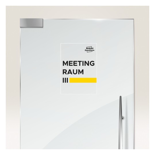 A képen egy ajtó látható, rajta egy tábla felirattal: 'MEETING RAUM III', mellette egy sárga csík és az 'Avery Zweckform' logó.