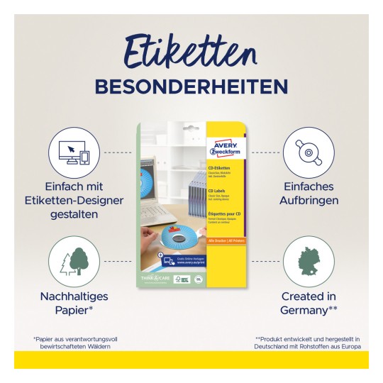 A képen egy Avery CD címkecsoma látható, amely kiemeli az olyan jellemzőket, mint a könnyű tervezés címketervezővel, a fenntartható papírhasználat, és hogy a termék Németországban készült.