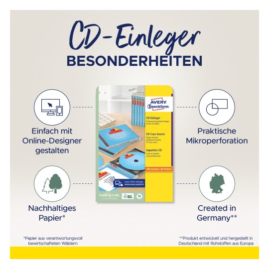 A képen az Avery Zweckform CD-betét csomagolása látható. Kiemeli az online tervezési lehetőségeket, a praktikus mikrokivágást, a fenntartható papírt, valamint azt, hogy a termék Németországban készült.