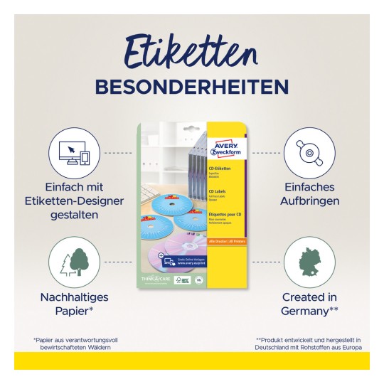 A kép egy Avery CD címkék termékcsomagolását mutatja be, kiemelve a jellemzőket, mint például az egyszerű tervezést egy online eszközzel, a fenntartható papírt, és hogy Németországban készült.