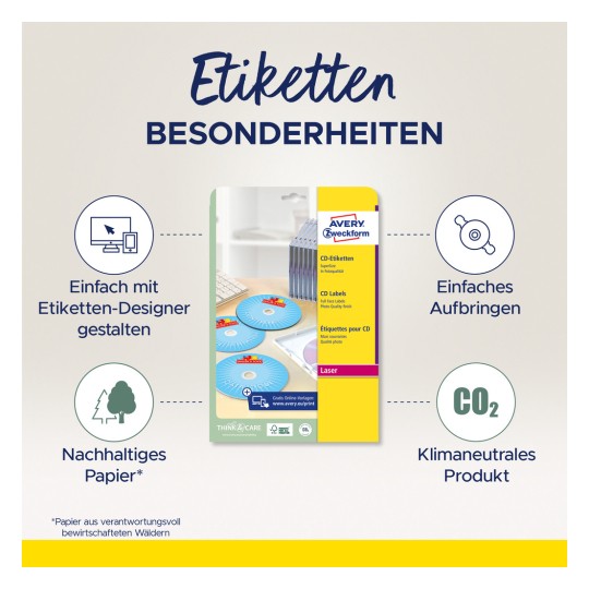 A kép az Avery Zweckform CD címkéit tartalmazza, kiemelve a tervezés és alkalmazás egyszerűségét, a fenntartható papírt és a klímasemlegességet.