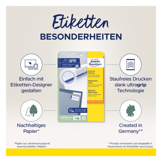 A kép az Avery Zweckform címkék termékcsomagolását mutatja, kiemelve az olyan jellemzőket, mint az egyszerű tervezés, az ultra grip technológia és a fenntarthatóság. Hangsúlyozza, hogy a termék Németországban készült és minden nyomtatóhoz alkalmas.