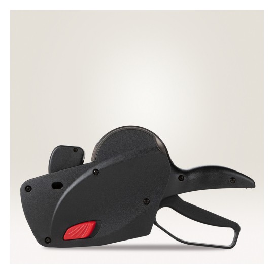 This image shows a black label maker or pricing gun, a handheld device used for labeling items with adhesive labels.