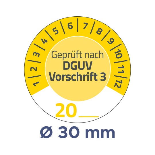 A kép egy kör alakú mérőt mutat, amely 20-as mérést jelöl, valamint a 'Geprüft nach DGUV Vorschrift 3' szöveget és egy 30 mm átmérőt.