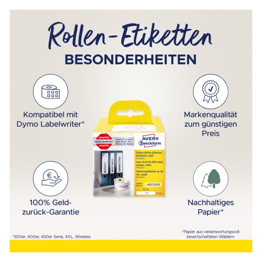 A kép egy csomag Avery címke tekercset ábrázol, kiemelve olyan jellemzőket, mint a Dymo Labelwriter kompatibilitás, pénz-visszafizetési garancia, alacsony áron elérhető márkaminőség és fenntartható papír.