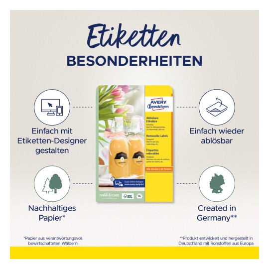 A képen az Avery Zweckform eltávolítható címkéinek termékhirdetése látható, amely kiemeli a tervezés egyszerűségét, az újrafelhasználhatóságot, a fenntartható papírt és azt, hogy Németországban készült.